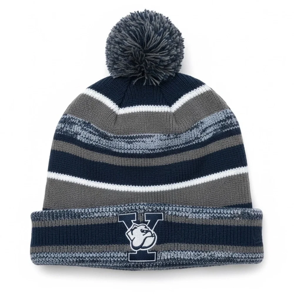 Yale Bulldogs Pom Beanie Knit Winter Hat Navy Gray Striped Fleece Lined O/S